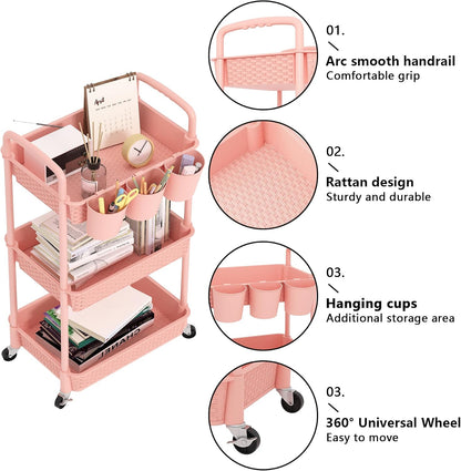 3-Tier Plastic Rolling Utility Cart with Handle,Pink