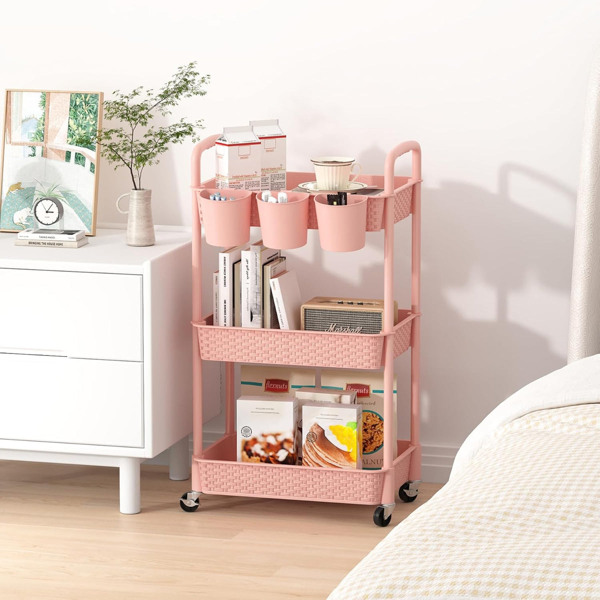 3-Tier Plastic Rolling Utility Cart with Handle,Pink