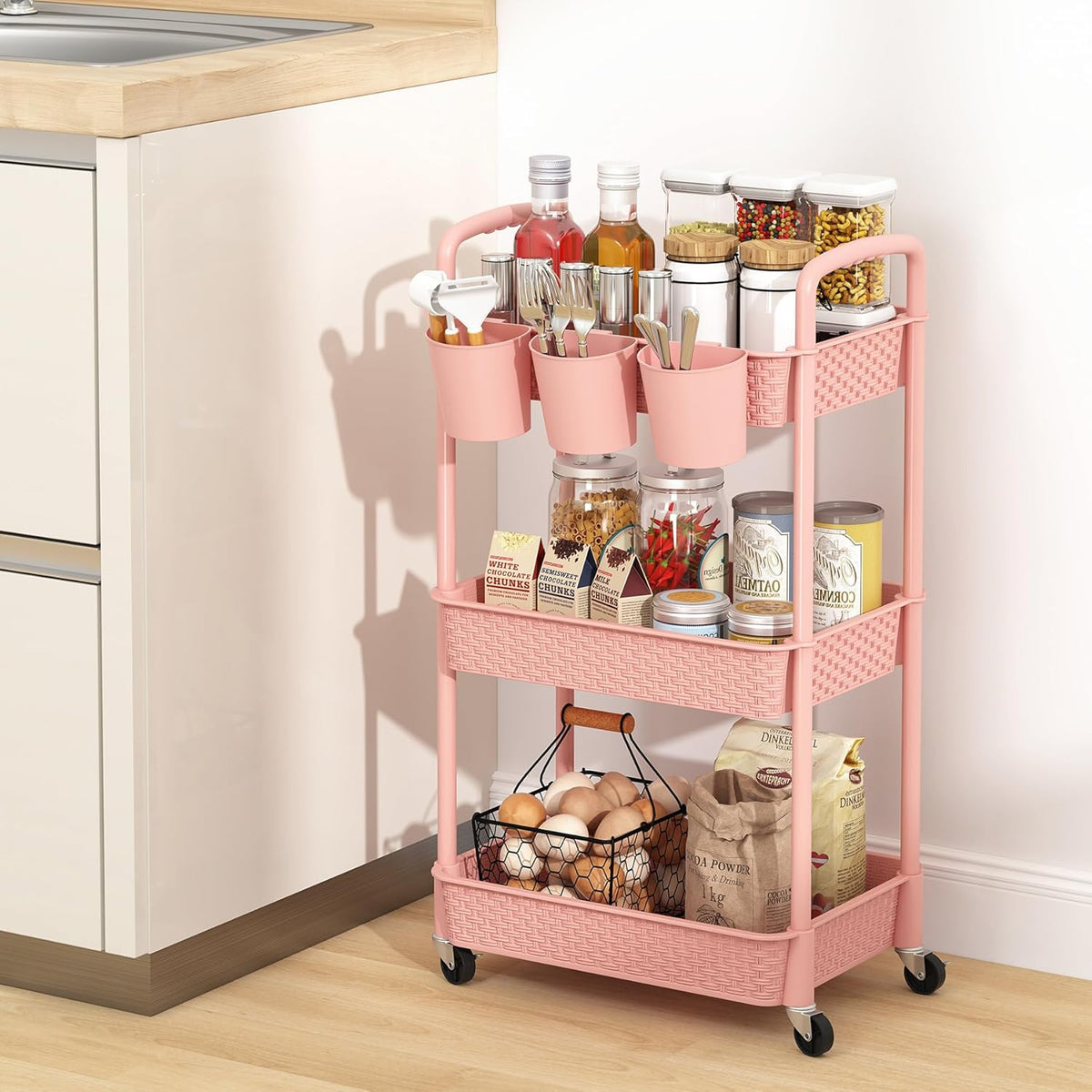 3-Tier Plastic Rolling Utility Cart with Handle,Pink