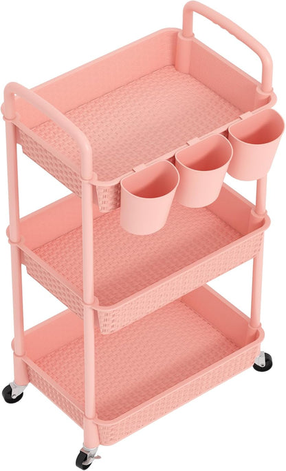3-Tier Plastic Rolling Utility Cart with Handle,Pink