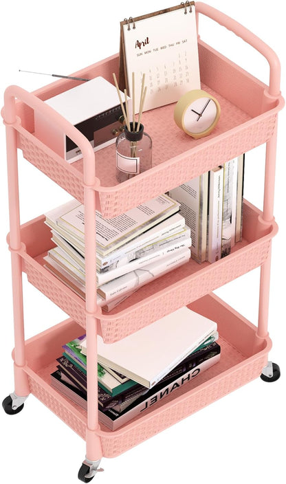 3-Tier Plastic Rolling Utility Cart with Handle,Pink