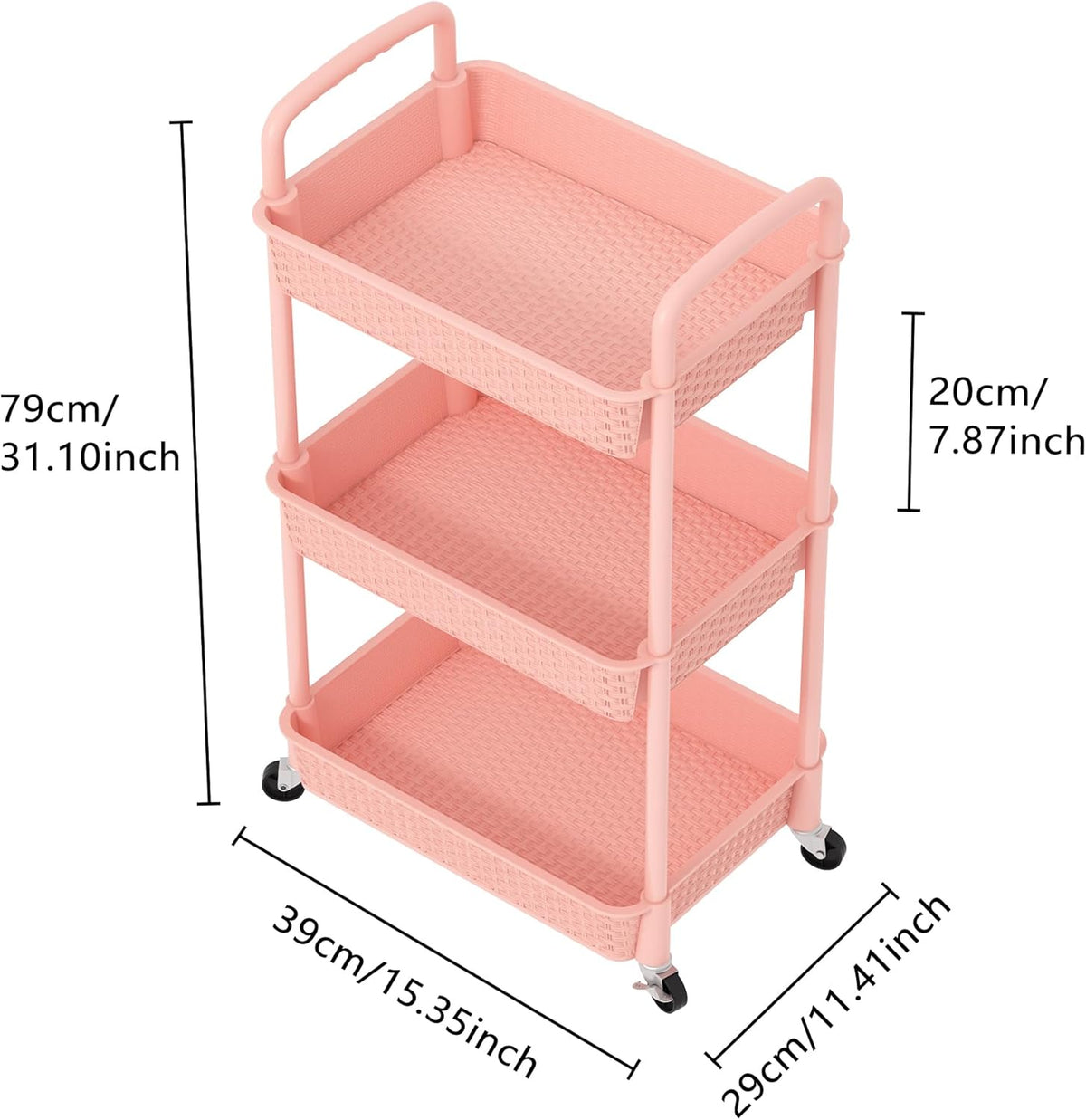 3-Tier Plastic Rolling Utility Cart with Handle,Pink