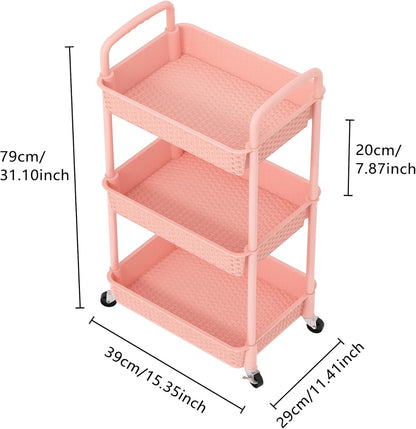 3-Tier Plastic Rolling Utility Cart with Handle,Pink