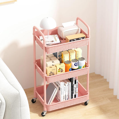 3-Tier Plastic Rolling Utility Cart with Handle,Pink