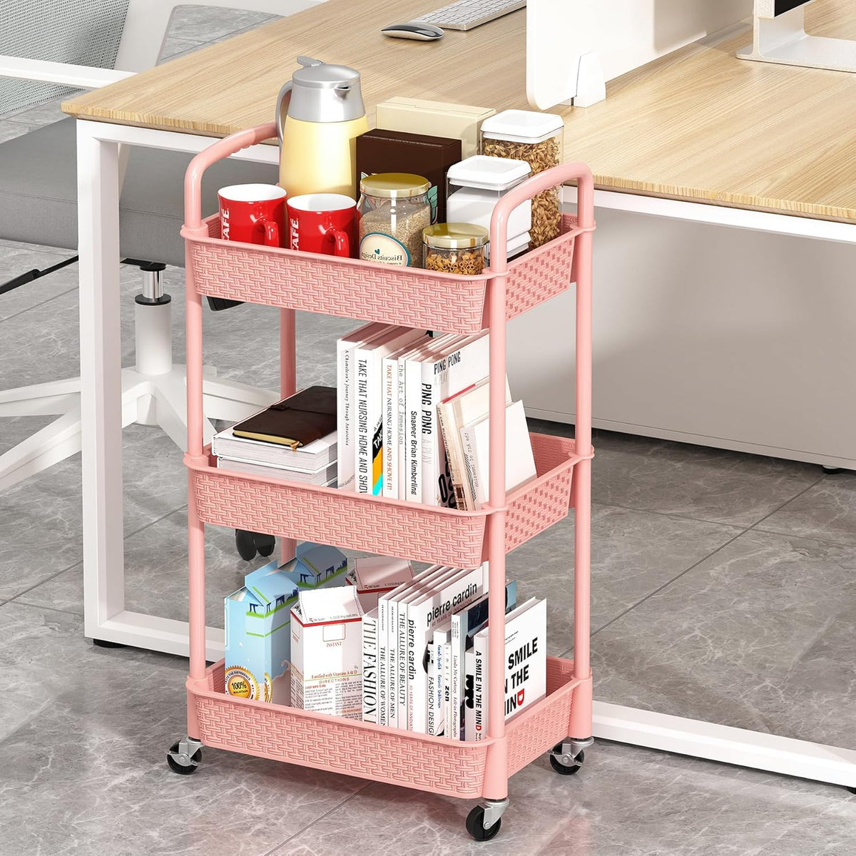 3-Tier Plastic Rolling Utility Cart with Handle,Pink