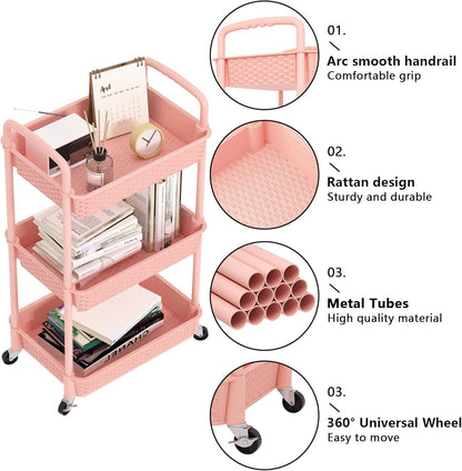 3-Tier Plastic Rolling Utility Cart with Handle,Pink