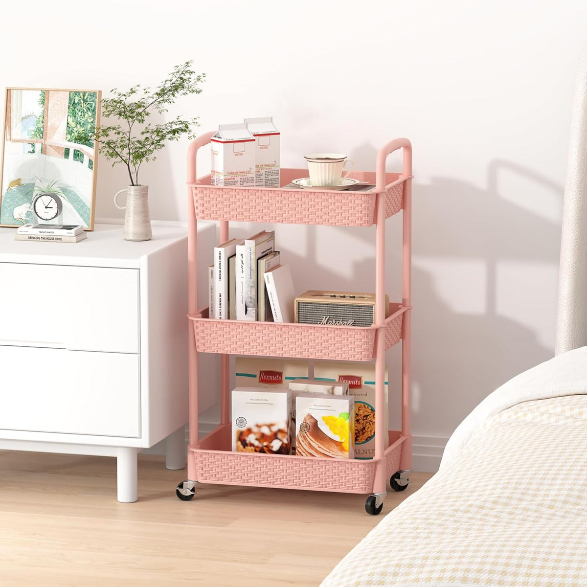 3-Tier Plastic Rolling Utility Cart with Handle,Pink
