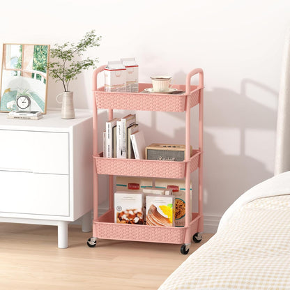 3-Tier Plastic Rolling Utility Cart with Handle,Pink
