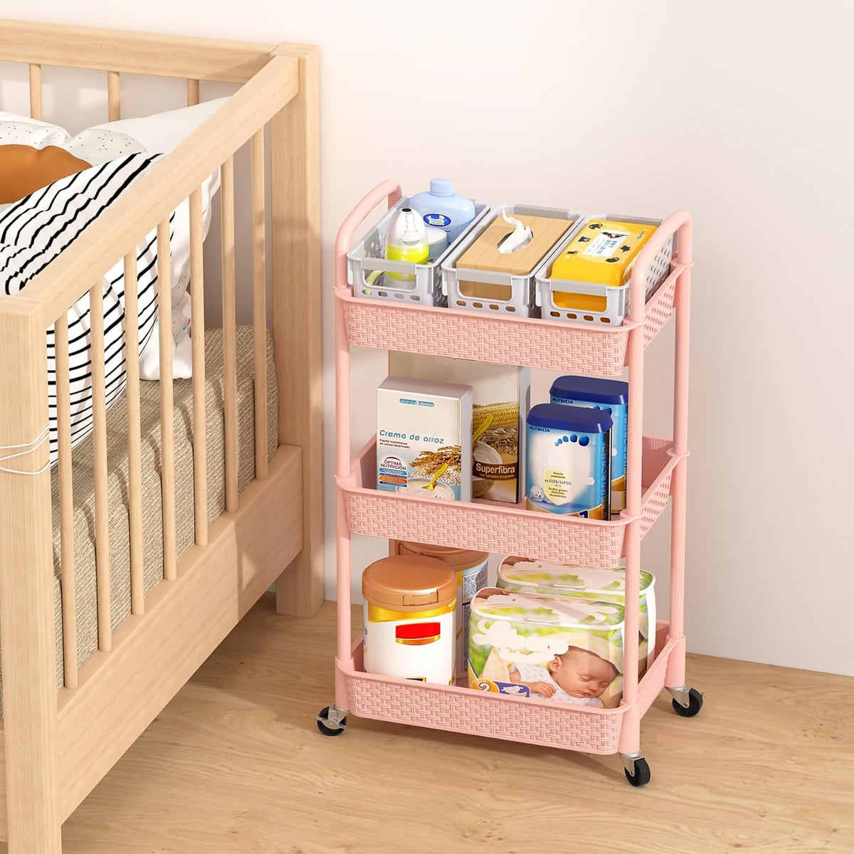 3-Tier Plastic Rolling Utility Cart with Handle,Pink