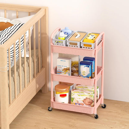 3-Tier Plastic Rolling Utility Cart with Handle,Pink