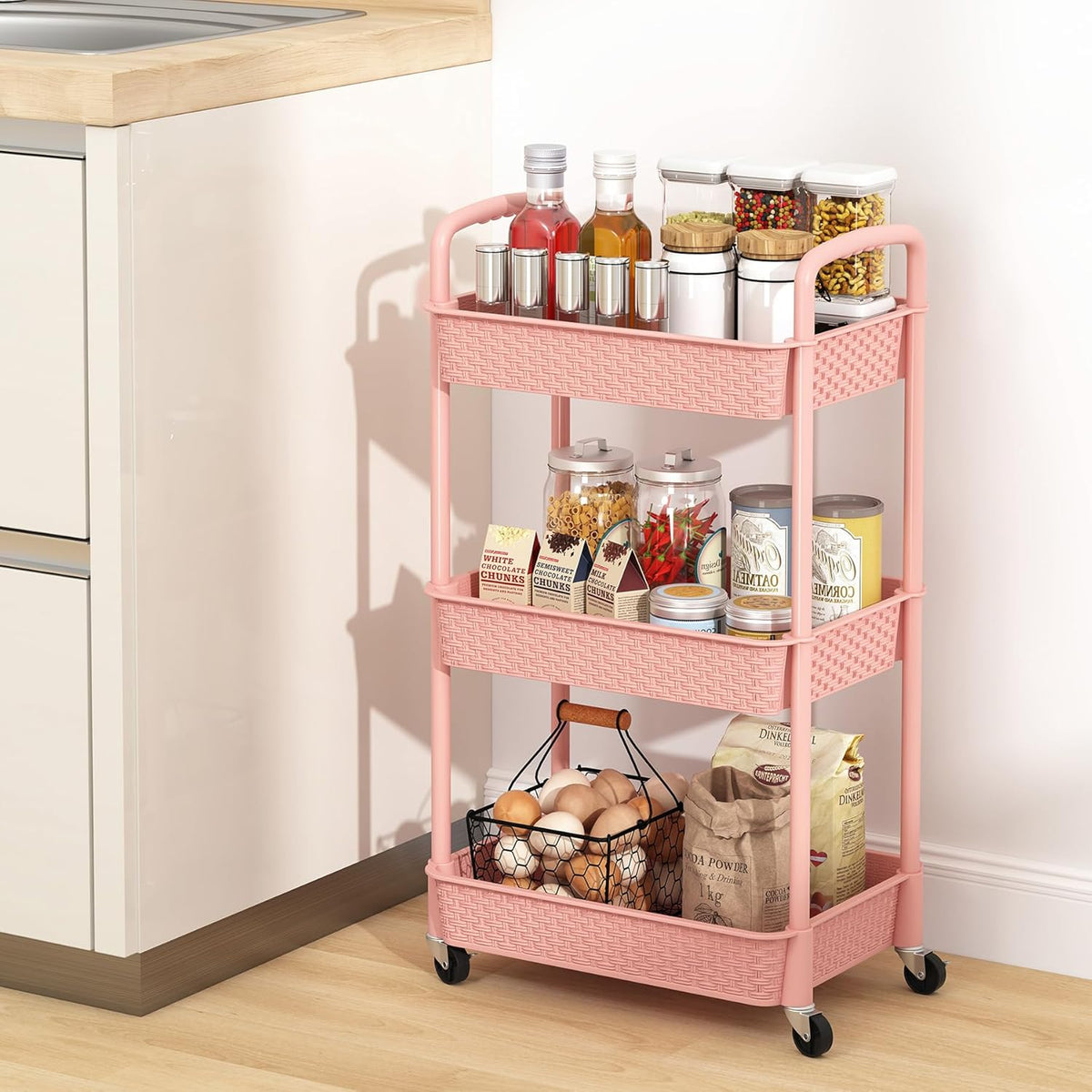 3-Tier Plastic Rolling Utility Cart with Handle,Pink