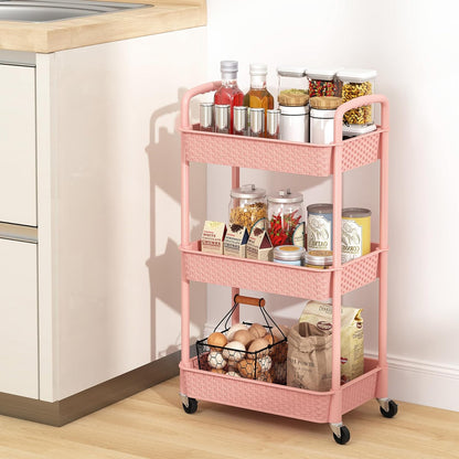 3-Tier Plastic Rolling Utility Cart with Handle,Pink
