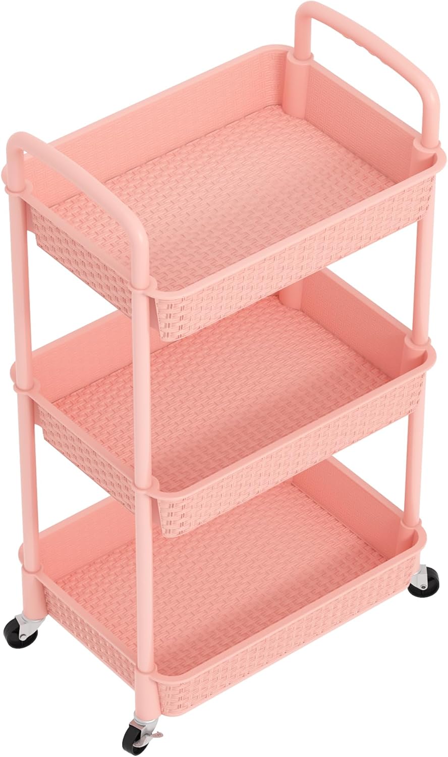 3-Tier Plastic Rolling Utility Cart with Handle,Pink