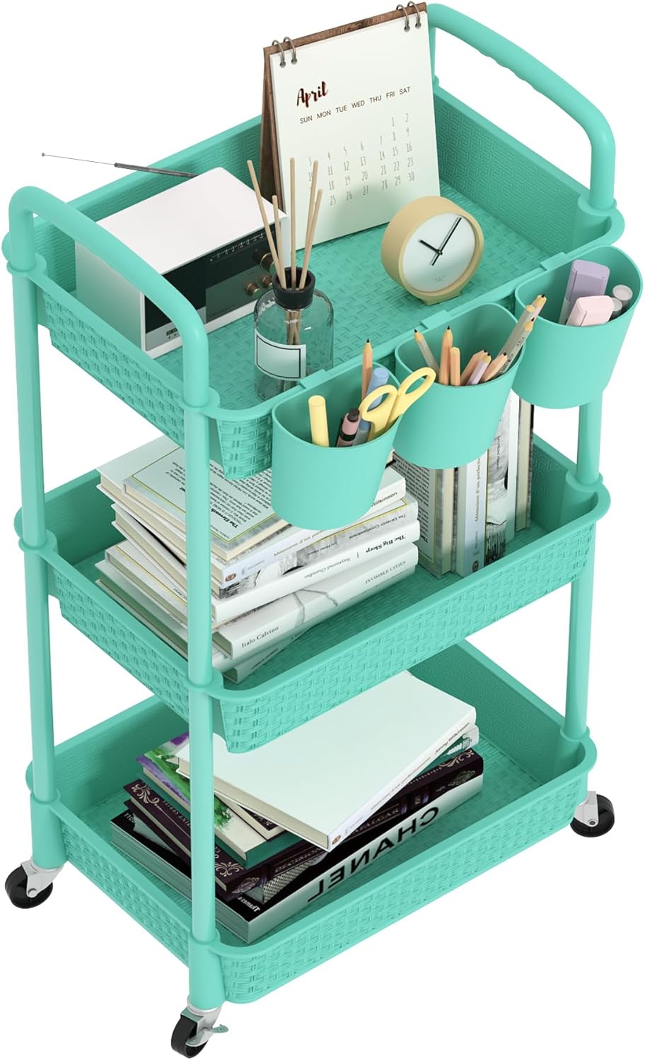3-Tier Plastic Rolling Utility Cart with Handle,Pink
