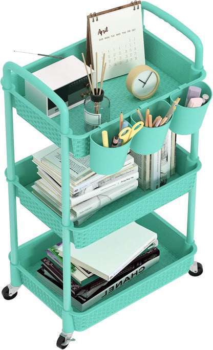 3-Tier Plastic Rolling Utility Cart with Handle,Pink