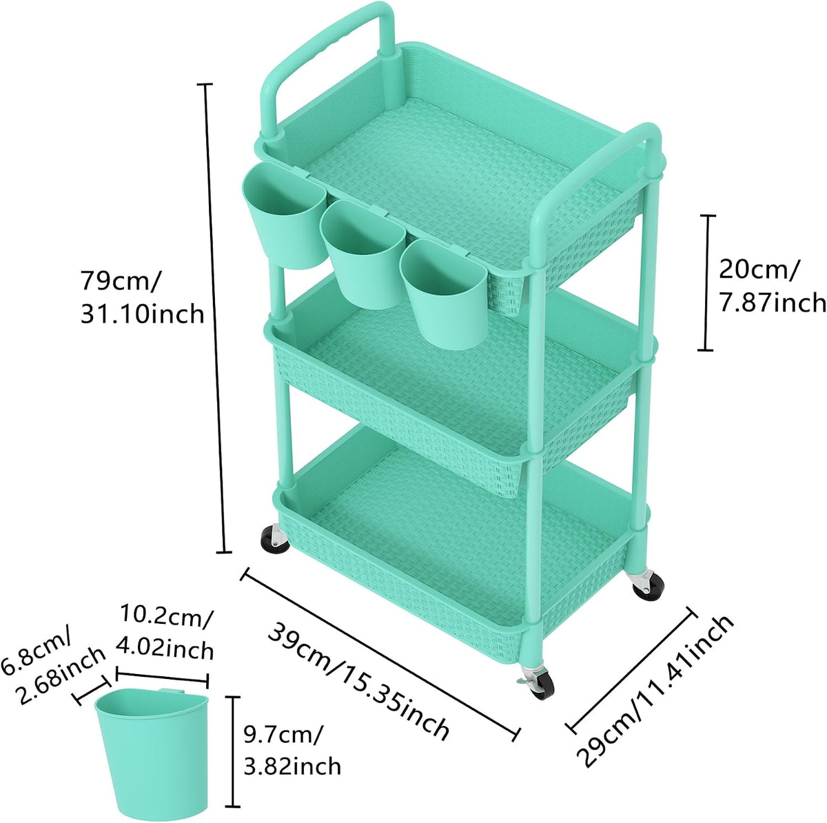 3-Tier Plastic Rolling Utility Cart with Handle,Pink