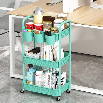 3-Tier Plastic Rolling Utility Cart with Handle,Pink