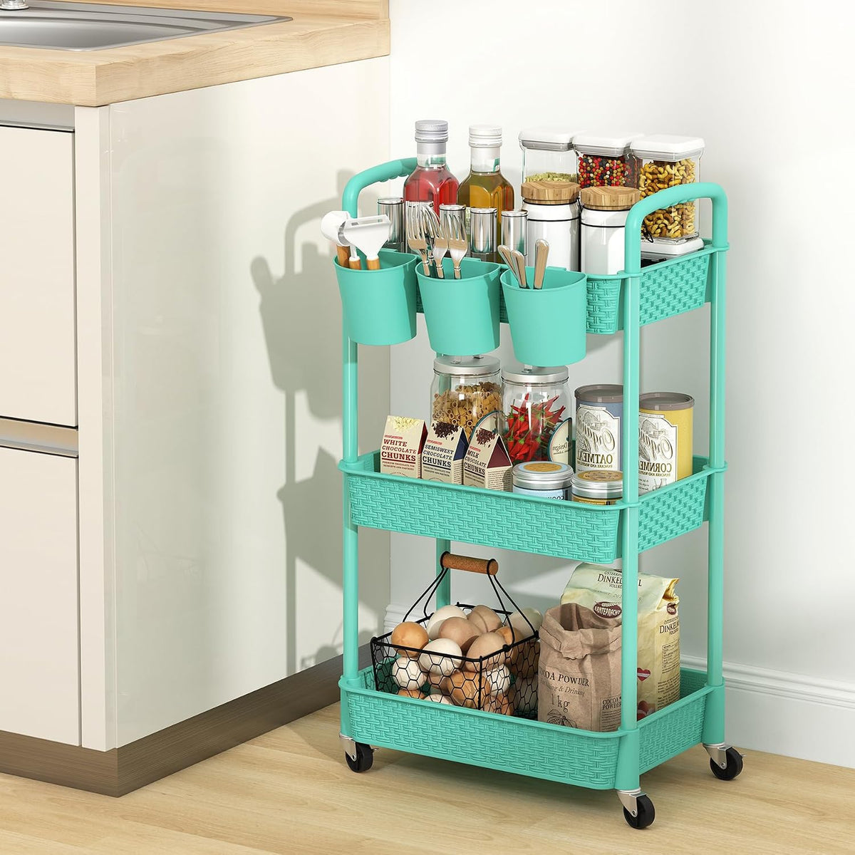 3-Tier Plastic Rolling Utility Cart with Handle,Pink