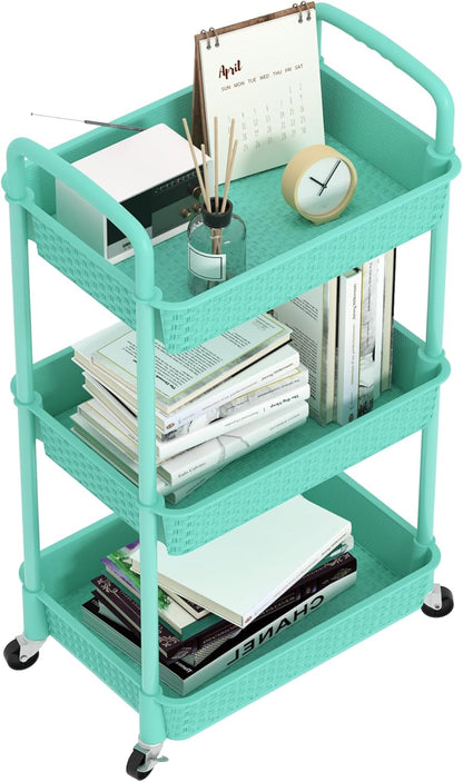 3-Tier Plastic Rolling Utility Cart with Handle,Pink