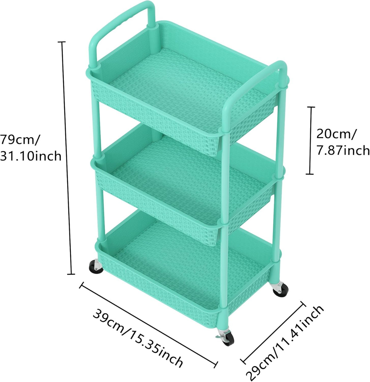 3-Tier Plastic Rolling Utility Cart with Handle,Pink
