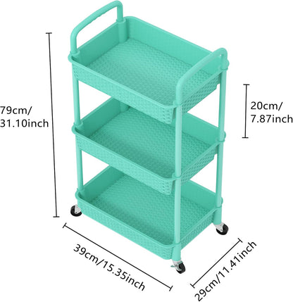 3-Tier Plastic Rolling Utility Cart with Handle,Pink