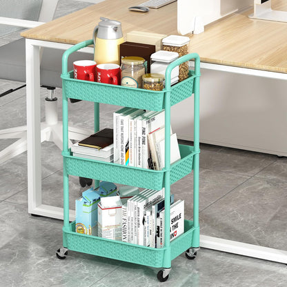 3-Tier Plastic Rolling Utility Cart with Handle,Pink