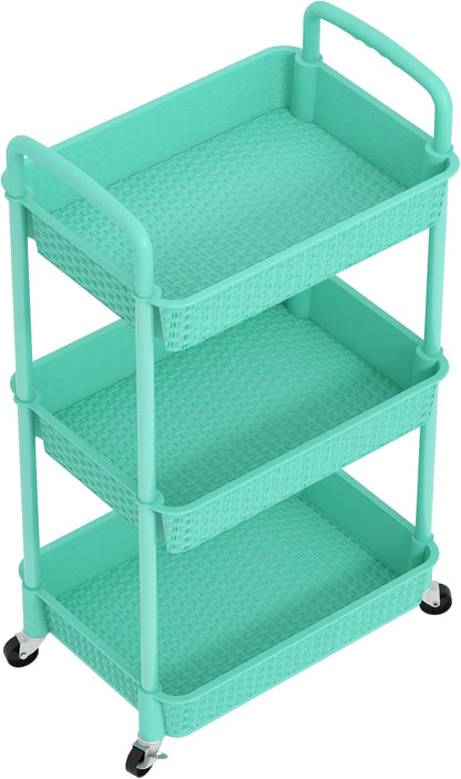 3-Tier Plastic Rolling Utility Cart with Handle,Pink
