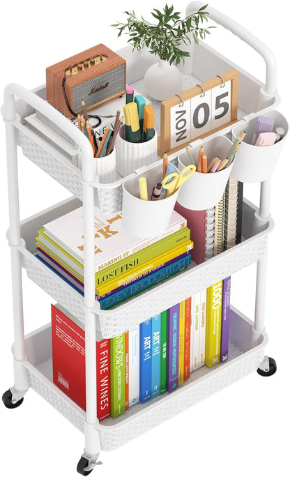 3-Tier Plastic Rolling Utility Cart with Handle,Pink