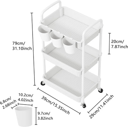 3-Tier Plastic Rolling Utility Cart with Handle,Pink