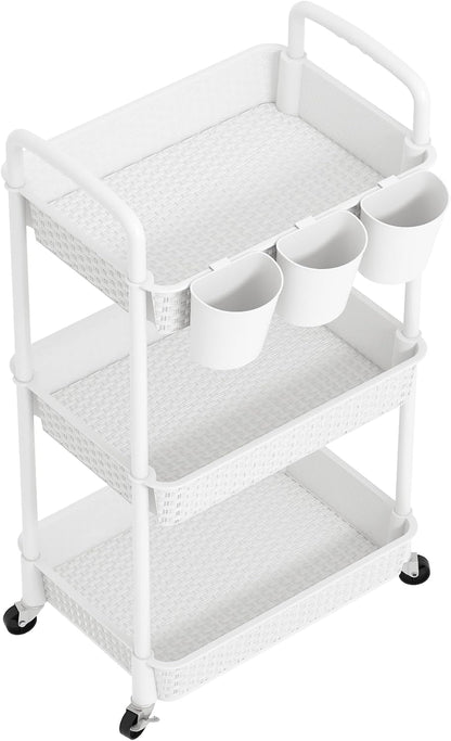 3-Tier Plastic Rolling Utility Cart with Handle,Pink