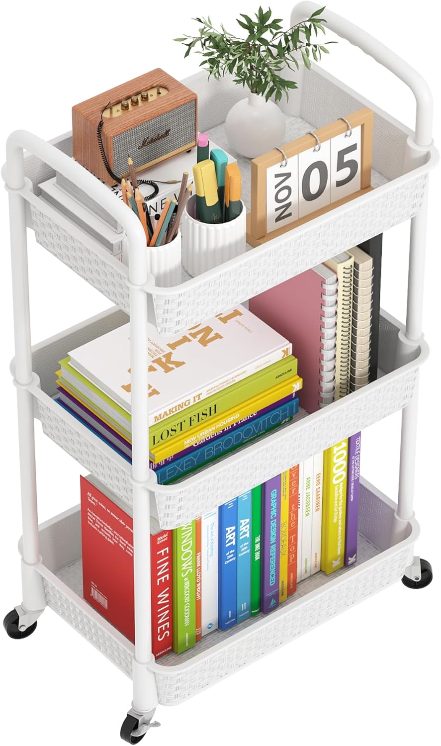 3-Tier Plastic Rolling Utility Cart with Handle,Pink