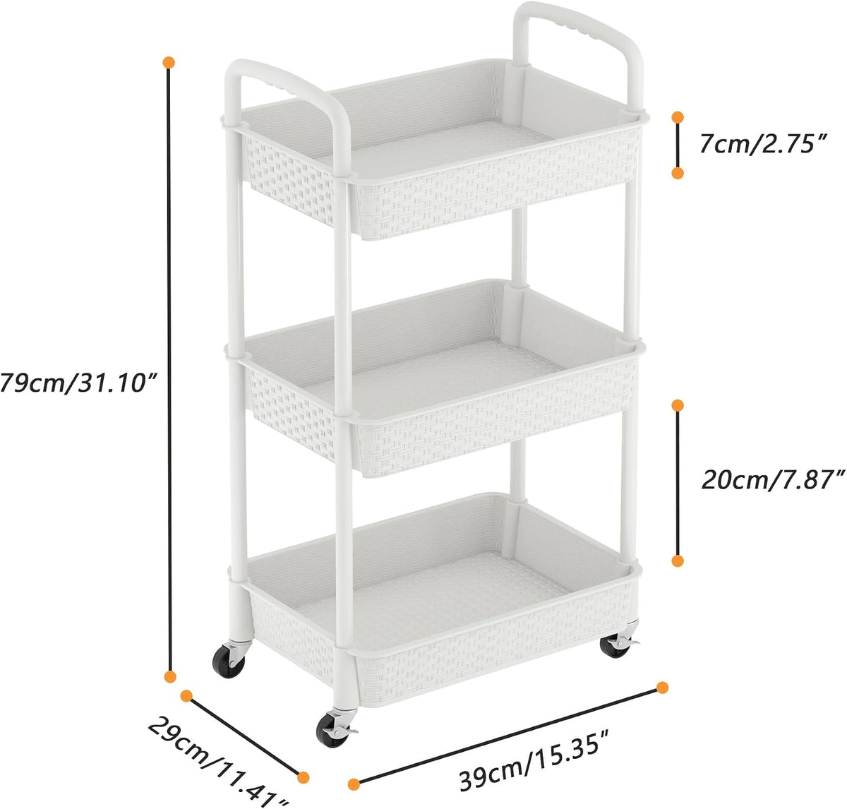 3-Tier Plastic Rolling Utility Cart with Handle,Pink