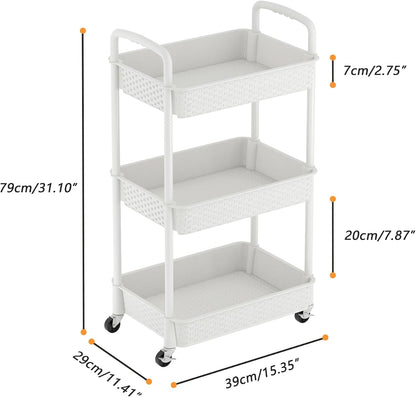 3-Tier Plastic Rolling Utility Cart with Handle,Pink