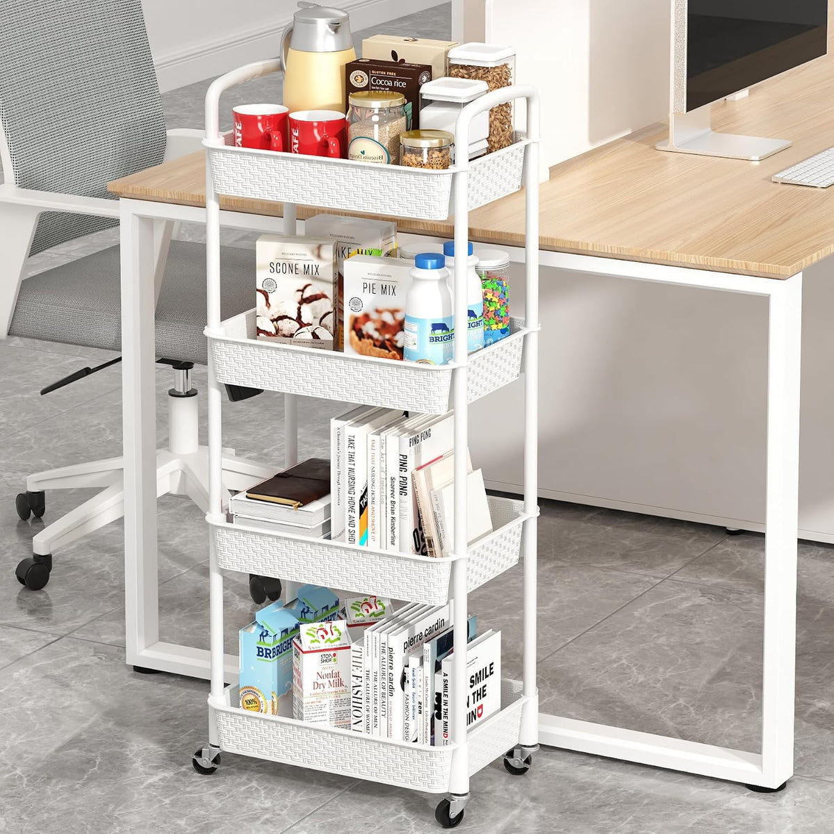 3-Tier Plastic Rolling Utility Cart with Handle,Pink