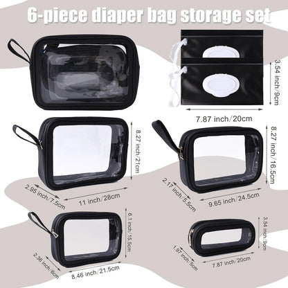 6 PCS Set TPU Diaper Bag Organizer Pouches & Wipe Dispensers, Black