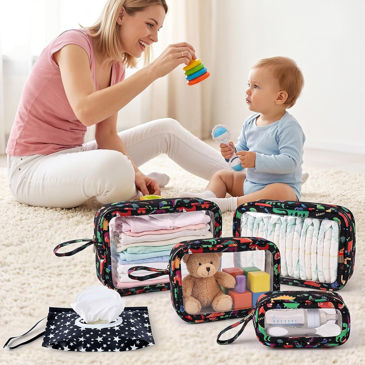 6 PCS Set TPU Diaper Bag Organizer Pouches & Wipe Dispensers, Black