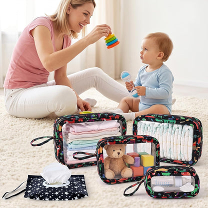 6 PCS Set TPU Diaper Bag Organizer Pouches & Wipe Dispensers, Black