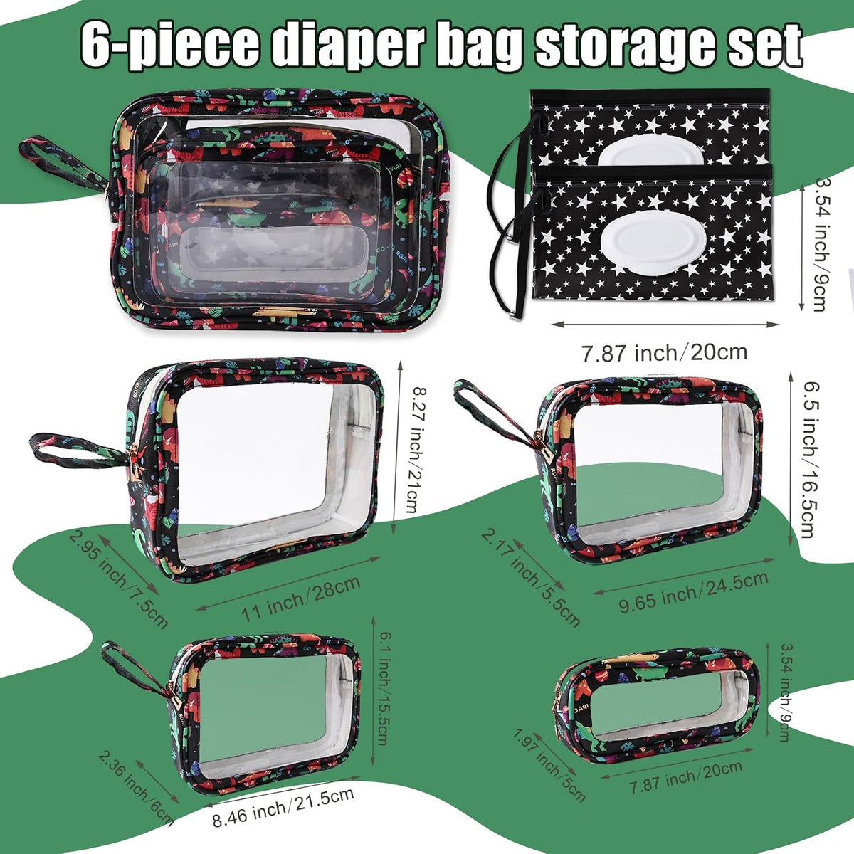 6 PCS Set TPU Diaper Bag Organizer Pouches & Wipe Dispensers, Black
