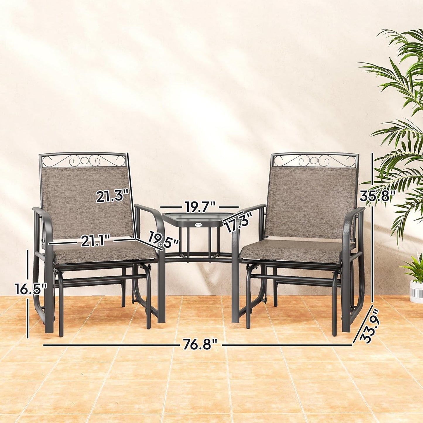 Outdoor Glider Chairs with Coffee Table Patio 2-Seat Brown | Rocking Chair Swing, Breathable Sling, Backyard, Garden, Porch