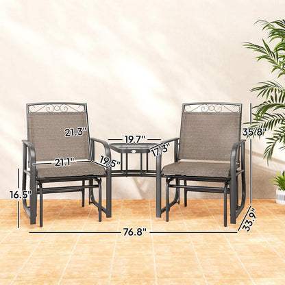 Outdoor Glider Chairs with Coffee Table Patio 2-Seat Brown | Rocking Chair Swing, Breathable Sling, Backyard, Garden, Porch
