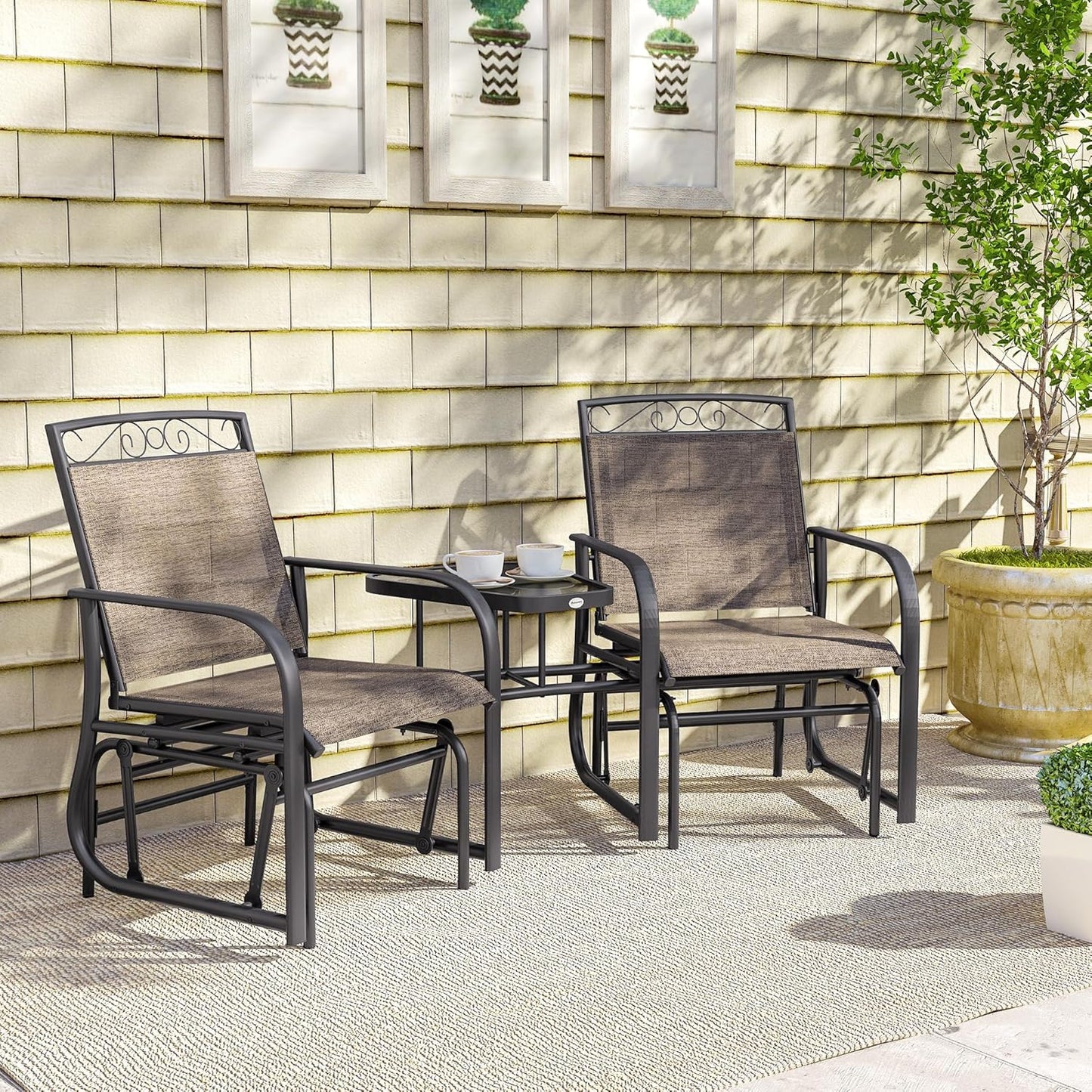 Outdoor Glider Chairs with Coffee Table Patio 2-Seat Brown | Rocking Chair Swing, Breathable Sling, Backyard, Garden, Porch