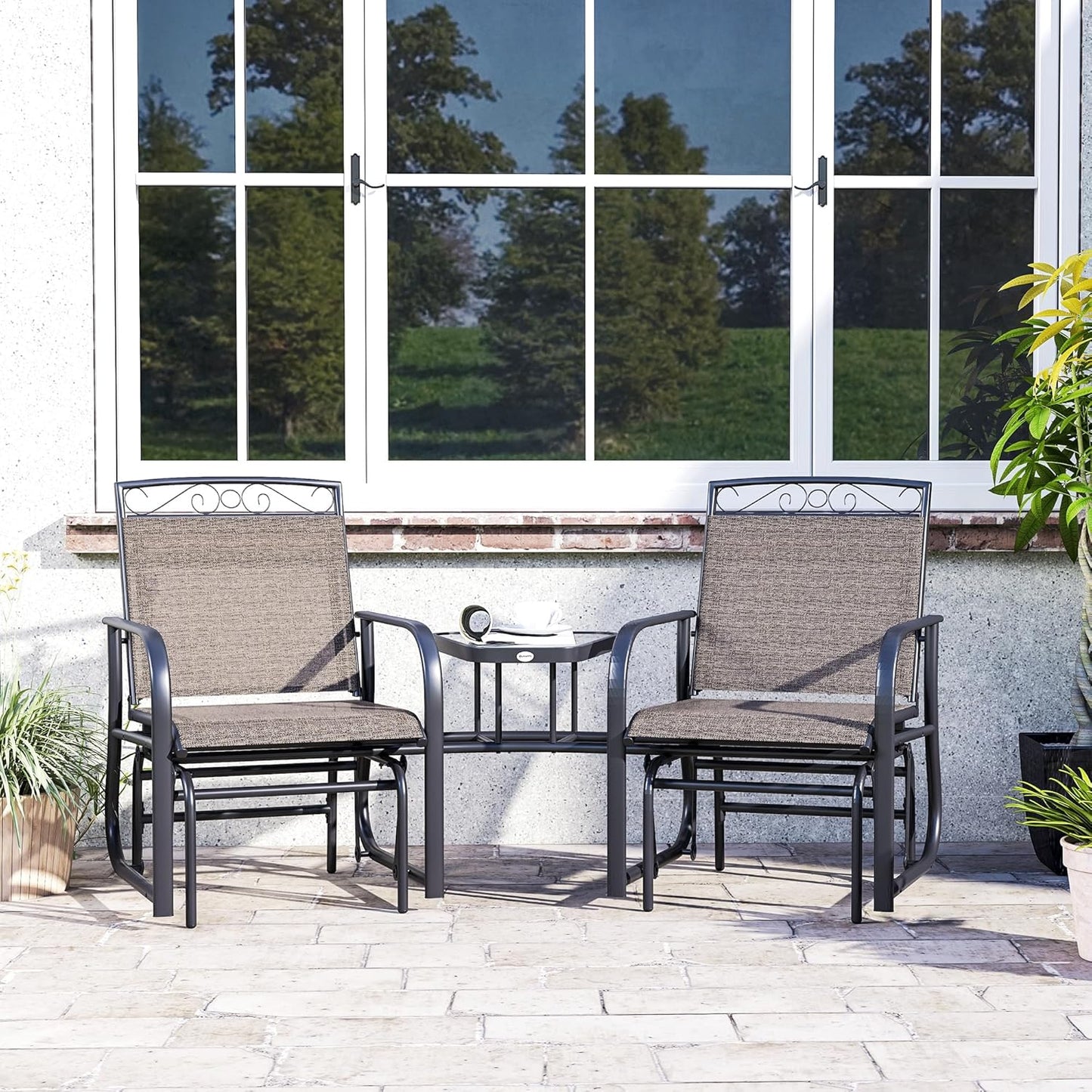 Outdoor Glider Chairs with Coffee Table Patio 2-Seat Brown | Rocking Chair Swing, Breathable Sling, Backyard, Garden, Porch