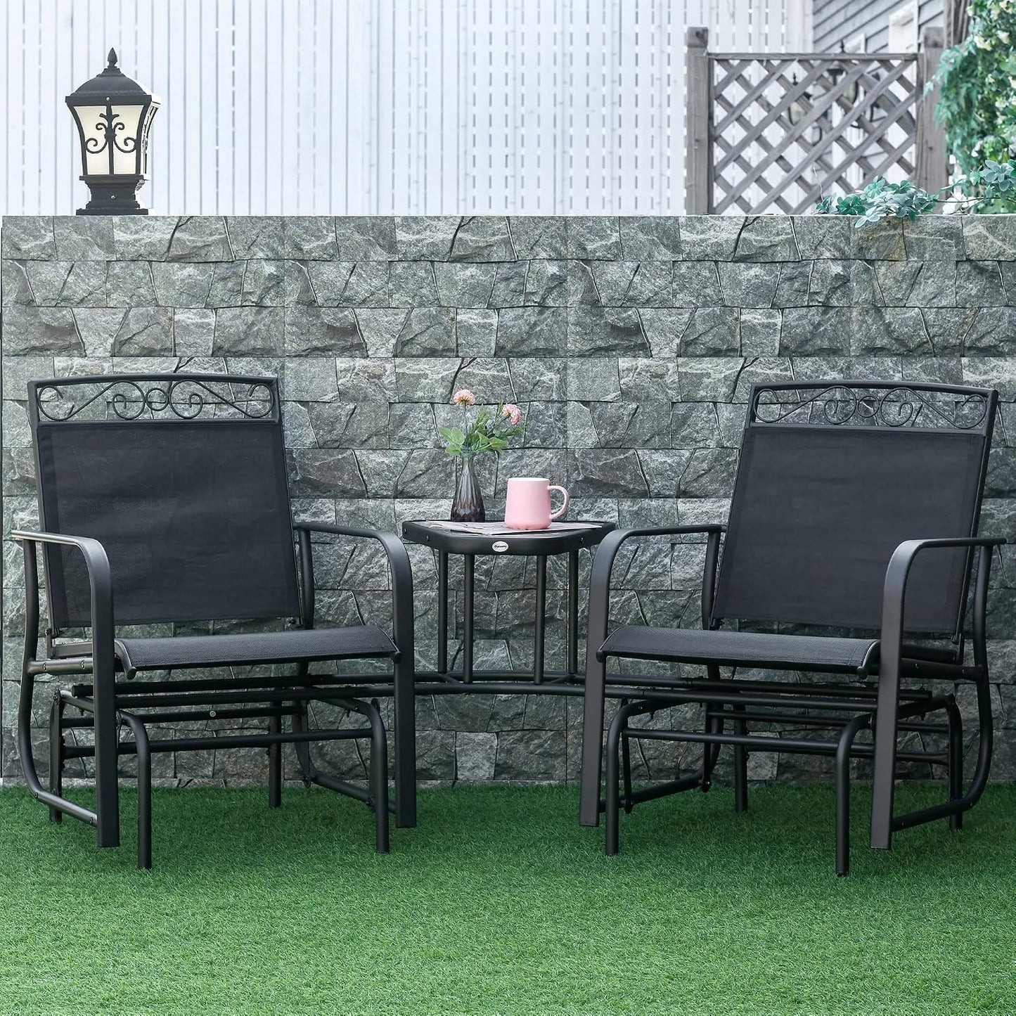 Outdoor Glider Chairs with Coffee Table Patio 2-Seat Brown | Rocking Chair Swing, Breathable Sling, Backyard, Garden, Porch