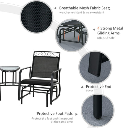 Outdoor Glider Chairs with Coffee Table Patio 2-Seat Brown | Rocking Chair Swing, Breathable Sling, Backyard, Garden, Porch