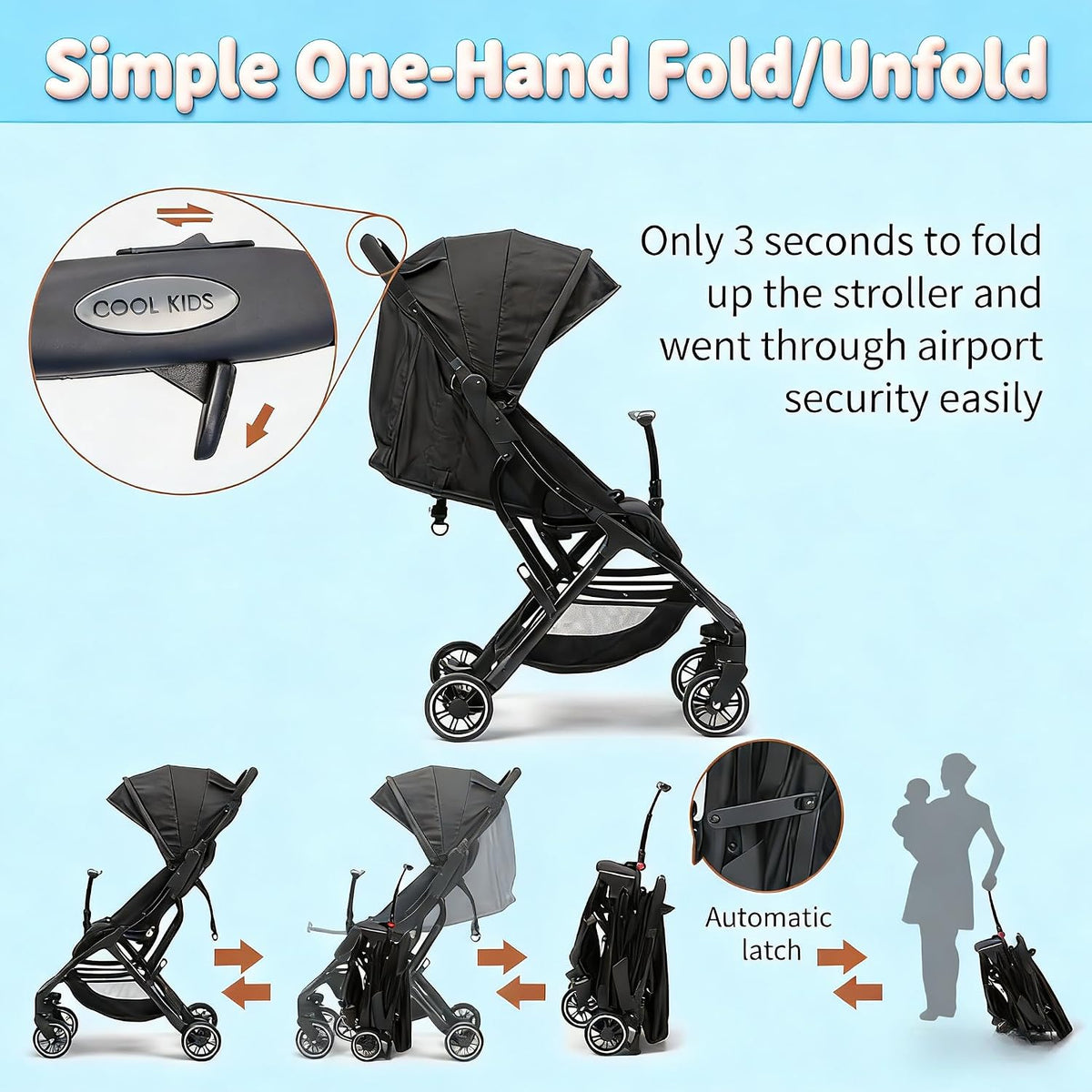 Superb Lightweight Travel Stroller, Auto Fold Buggy Rose Gold
