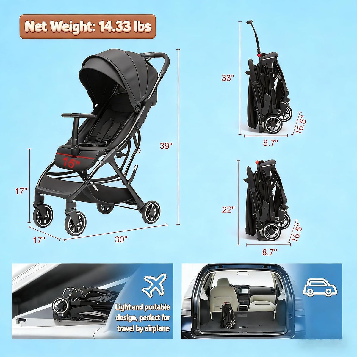 Superb Lightweight Travel Stroller, Auto Fold Buggy Rose Gold
