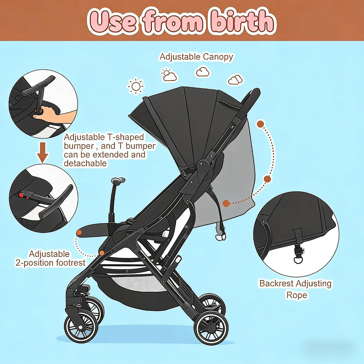 Superb Lightweight Travel Stroller, Auto Fold Buggy Rose Gold