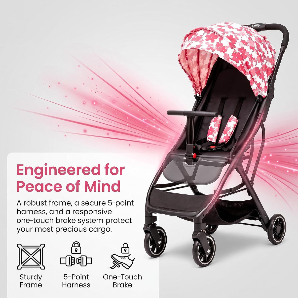 Superb Lightweight Travel Stroller, Auto Fold Buggy Rose Gold