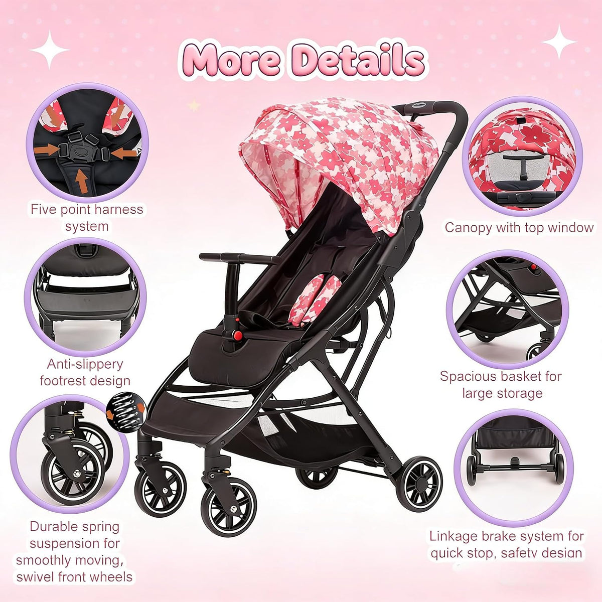 Superb Lightweight Travel Stroller, Auto Fold Buggy Rose Gold