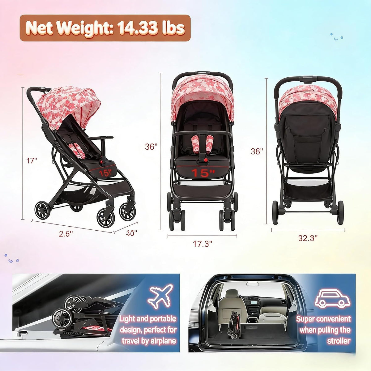Superb Lightweight Travel Stroller, Auto Fold Buggy Rose Gold